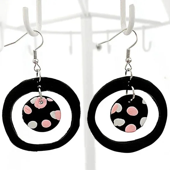 Polka Dot Hollow-Out Round Polymer Clay Dangle Drop Earrings - Picture 6 of 6